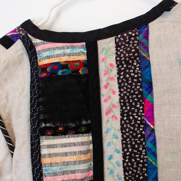 Linen Blend S VTG Lagenlook Lynn Murray Patchwork Pattern Art Boho Blazer FLAW - Picture 10 of 15